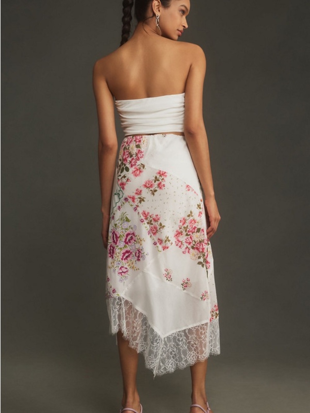 Anthropologie White Midi Skirt with Pink Floral Print and Lace Trim - Picture 2 of 4